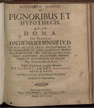 Disputatio Iuridica De Pignoribus Et Hypothecis
