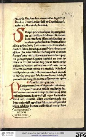Incipit tractatulus venerabilis magistri Johannis Gerson, cancellarii Parisiensis, de cognitione castitatis et pollutione diurnis.