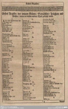Erstes Register der jenigen Bäum/Gewächsen/Früchten und Flüssen/deren in diesem andern Theil gedacht wird.