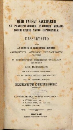 Quid valeat saccharum ad praecipitationem oxydorum metallicorum affuso natro impediendam : Dissertatio