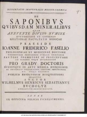 Dissertatio Inavgvralis Medico-Chemica De Saponibvs Qvibvsdam Mineralibvs