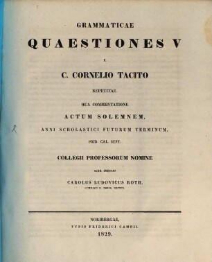 Grammaticae quaestiones V e C. Cornelio Tacito repetitae