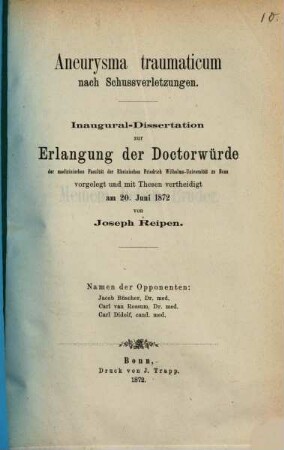 Aneurysma traumaticum nach Schussverletzungen : Inaugural-Dissertation