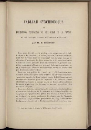 Tableau Synchronique Des Formations Tertiaires Du Sud-Ouest De La France