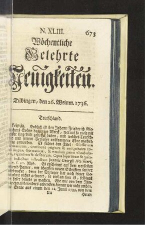 N. XLIII. Tübingen, den 26. Weinm. 1736