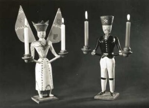 Leuchterengel und Leuchterbergmann. Gedreht, bemalt, Seiffen, um 1930