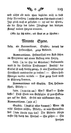 Neunte Szene. Lady, ein Kammerdiener. Sophie, hernach der Hofmarschall, zuletzt Bediente