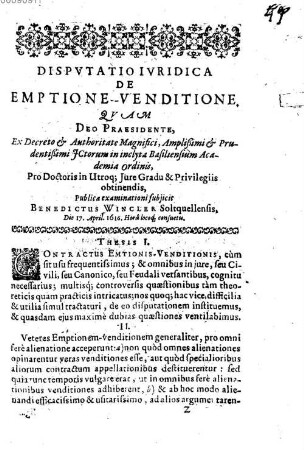 Diss. iur. inaug. de emptione-venditione