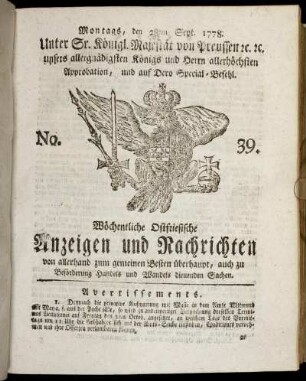 No. 39. Montags, den 28ten Sept. 1778.