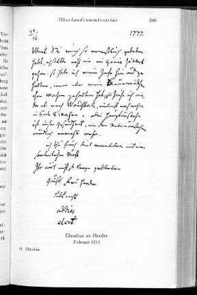 Claudius an Herder Februar 1777