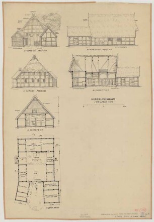 Preußisch Ströhen (Kreis Lübbecke): Hof Nr. 61 [Simon] Rohlfing. Heuerlingshaus (Grundriss, Ansichten, Schnitte)