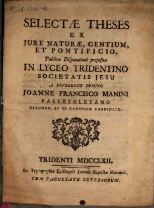 Selectae theses ex iure naturae, gentium et pontificio