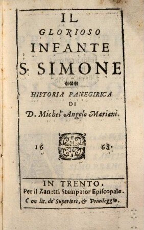 Il glorioso Infante S. Simone : Historia panegirica