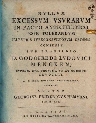 Nvllvm excessvm vsvrarvm in pacto antichretico esse tolerandvm