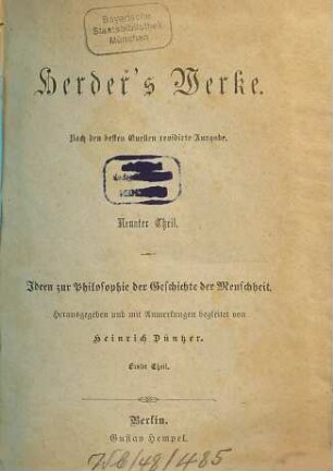 Herders Werke, 9 : Ideen zur Philosophie der Geschichte der Menschheit ; 1