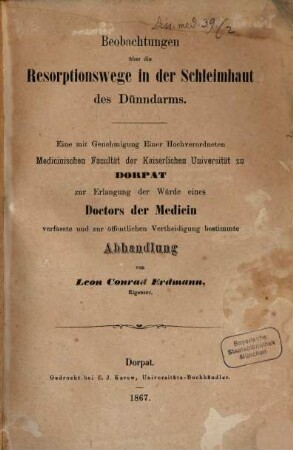Beobachtungen über die Resorptionswege in der Schleimhaut des Dünndarms : Inaug. Diss.