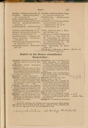 Register zu den übrigen orientalischen Handschriften.