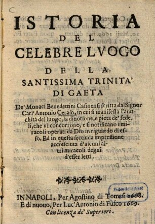 Istoria del celebre luogo della santissima trinita di Gaeta