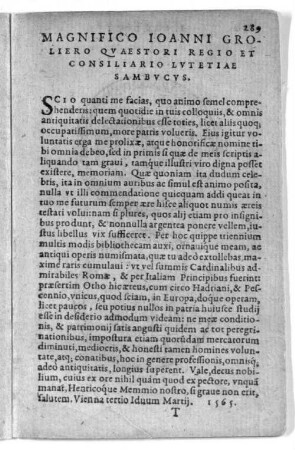 Magnifico ioanni groliero quaestori regio et consiliario lutetiae sambucus.
