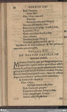 Curatio XIV. De Dolore Capitis in Matrona Nobili