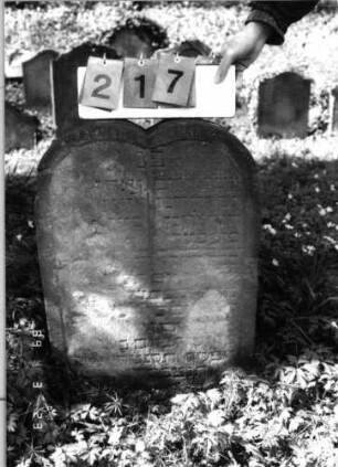 Grabstein 217 (Index: 99791547) Material: Sandstein Zustand: stark verwittert mit großem Textverlust Maße HxBxT: 69x51x13 cm Beschreibung: Doppelstele, Schriftfeld eingetieft Besonderheit: Doppelgrab für Brüder: Grabstein 217