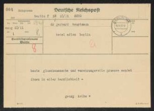 Brief von Georg Kolbe an Gerhart Hauptmann