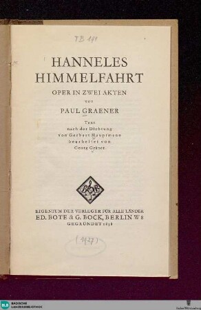 Hanneles Himmelfahrt : Oper in zwei Akten