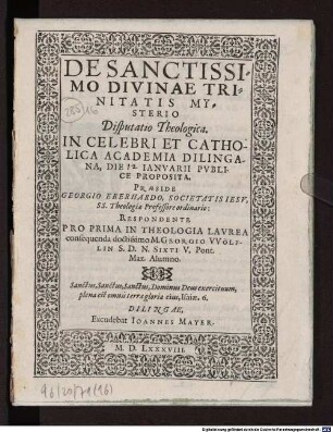 De sanctissimo divinae trinitatis mysterio : disputatio theologica