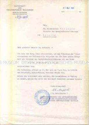 Einladungsschreiben zur Verleihung des Ordens der Heiligen Kyrill und Methodius, 1. Klasse