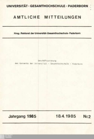 Geschäftsordnung des Konvents der Universität - Gesamthochschule Paderborn : 18.4.1985