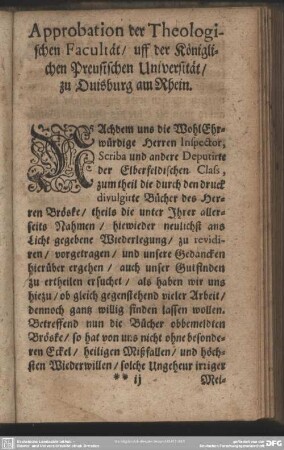 Approbation der Theologischen Facultät, uff der Königlichen Preusischen Universität, zu Duisburg am Rhein