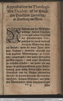 Approbation der Theologischen Facultät, uff der Königlichen Preusischen Universität, zu Duisburg am Rhein