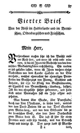 Vierter Brief. Von der Reise im Hadlerlande und im Bremischen, Oldenburgischen und Friesischen
