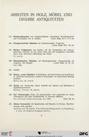 Arbeiten in Holz, Möbel und diverse Antiquitäten (Nr. 243-267)