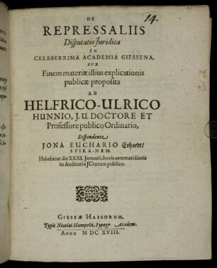 De Repressaliis : Disputatio Iuridica