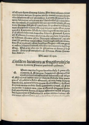 Eiusdem luculenta ac frugifera in elaboratam Lactantii Firmiani praefationem explanatio.
