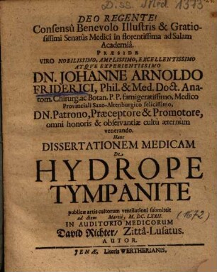 Hanc Dissertationem Medicam De Hydrope Tympanite