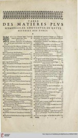 Table des matières plus memorables contenues en cette histoire des Turcs