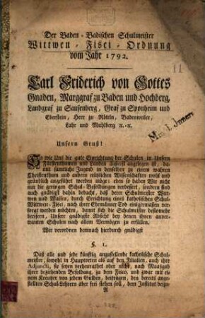 Der Baden-Badischen Schulmeister Wittwen-Fisci-Ordnung : vom Jahr 1792.
