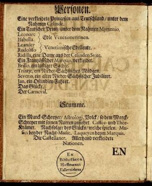 Personen. / Stumme. / Entreen. / Verwandlungen.