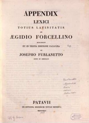 Totius latinitatis lexicon, [5]. Appendix Lexici Totius Latinitatis