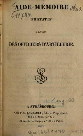 Aide-mémoire portatif à l'usage des officiers d'artillerie