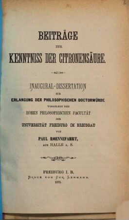 Beiträge zur Kenntniss der Citronensäure : Inaug. Diss.