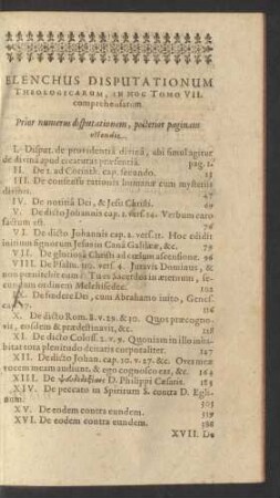 Elenchus Disputationum Theologicarum, In Hoc Tomo VII. comprehensarum.
