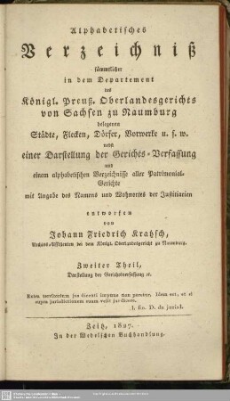 2: Alphabetisches Verzeichnis sämmtlicher in dem Departement des königlich-preussischen Oberlandgerichts von Sachsen zu Naumburg belegenen Städte, Flecke ...
