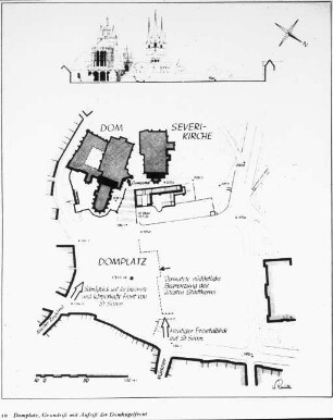 Erfurt, Domplatz, Grundriss mit Aufriss der Domhügelfront (Zeichnung Wolfgang Rauda)