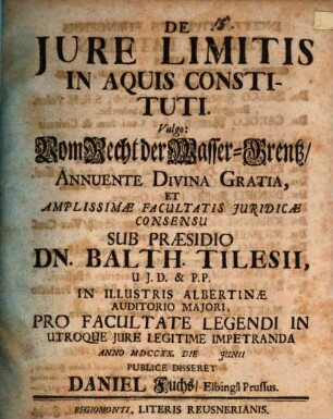 De Jure Limitis In Aquis Constituti. Vulgo: Vom Recht der Wasser-Grentz