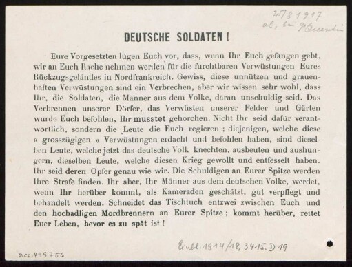 Deutsche Soldaten! : Eure Vorgesetzten lügen Euch vor ...