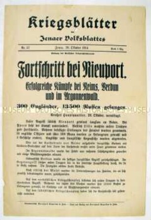Extrablatt des "Jenaer Volksblattes" mit Kriegsnachrichten von verschiedenen Fronten
