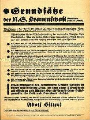 Grundsatzprogramm der NS-Frauenschaft und Aufruf von Gregor Straßer, rückseitig Abonnentenwerbung für die Zeitschrift "NS-Frauen-Warte"